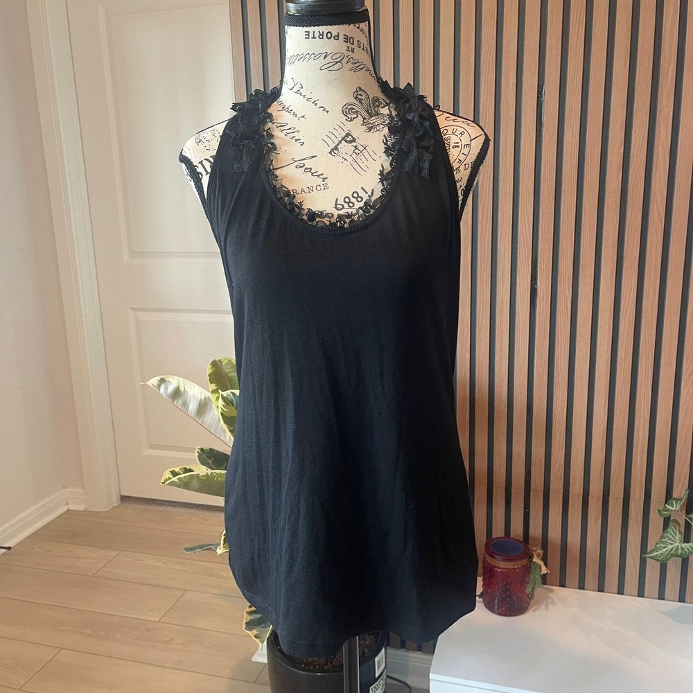 y2k Self Esteem Black Tank Top Ruffle Lace Halter Tie Back‎ Sleeveless XL - Picture 2 of 7